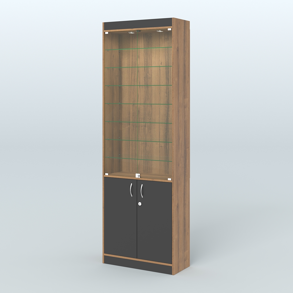 Витрина узкая из ДСП с дверками для аптеки №6-300-1 Орех + Черный