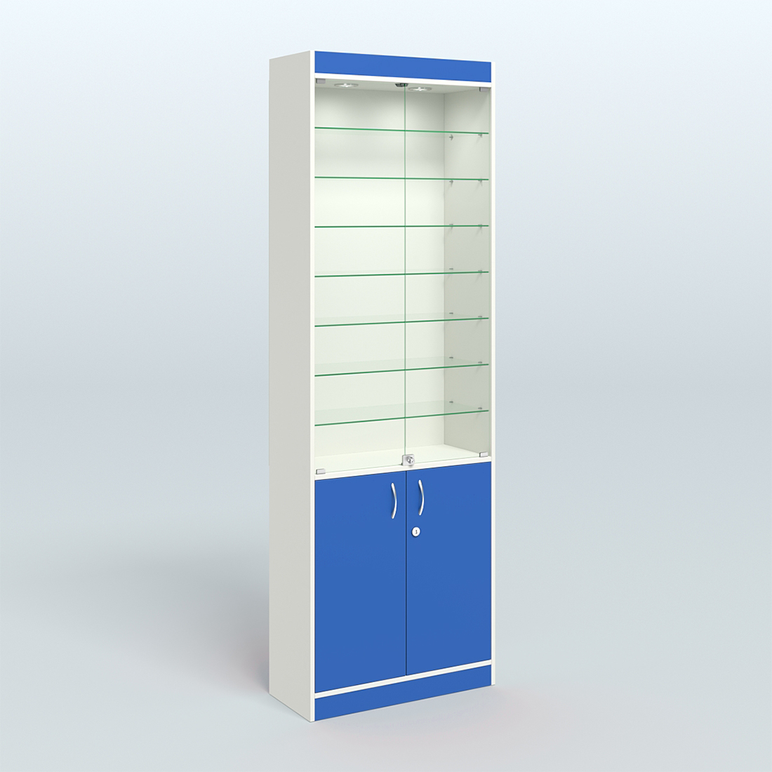 Витрина узкая из ДСП с дверками для аптеки №6-300-1 Белый + Делфт голубой