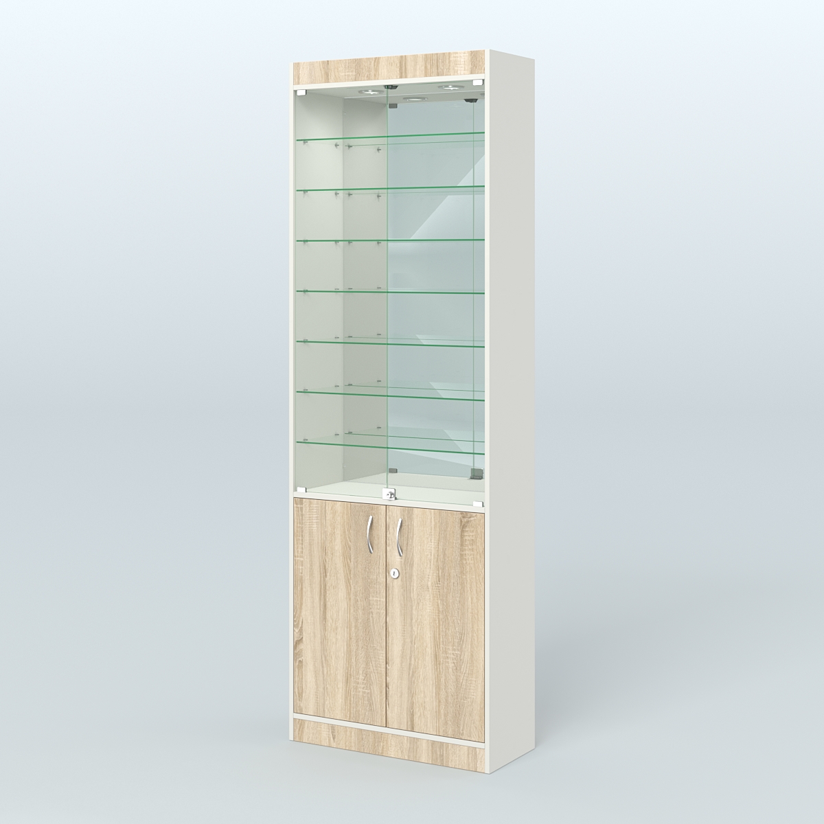 Витрина из ДСП с дверками и узкими полками для аптеки №6-300-3 Белый + Дуб Сонома