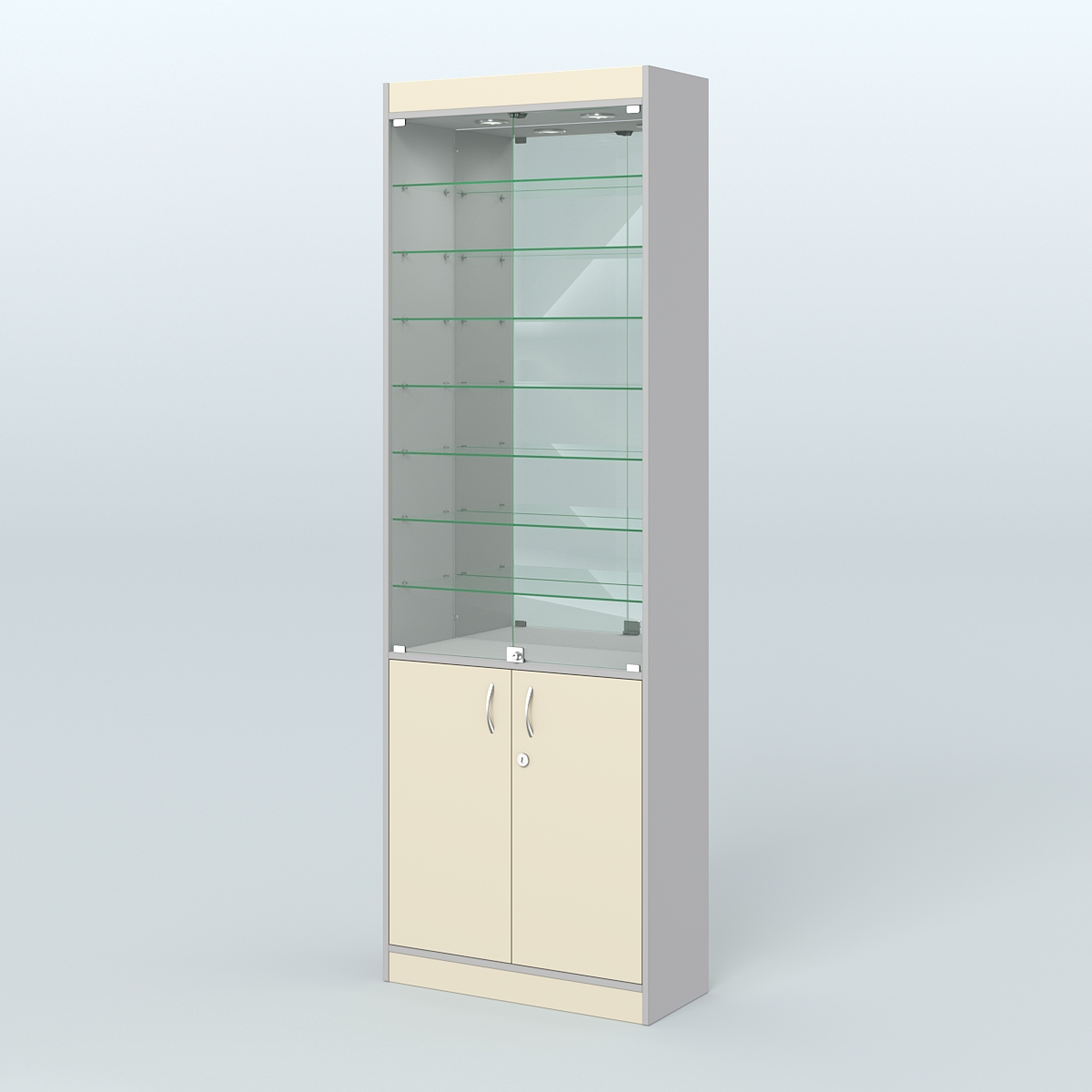 Витрина из ДСП с дверками и узкими полками для аптеки №6-300-3 Серый + Крем Вайс