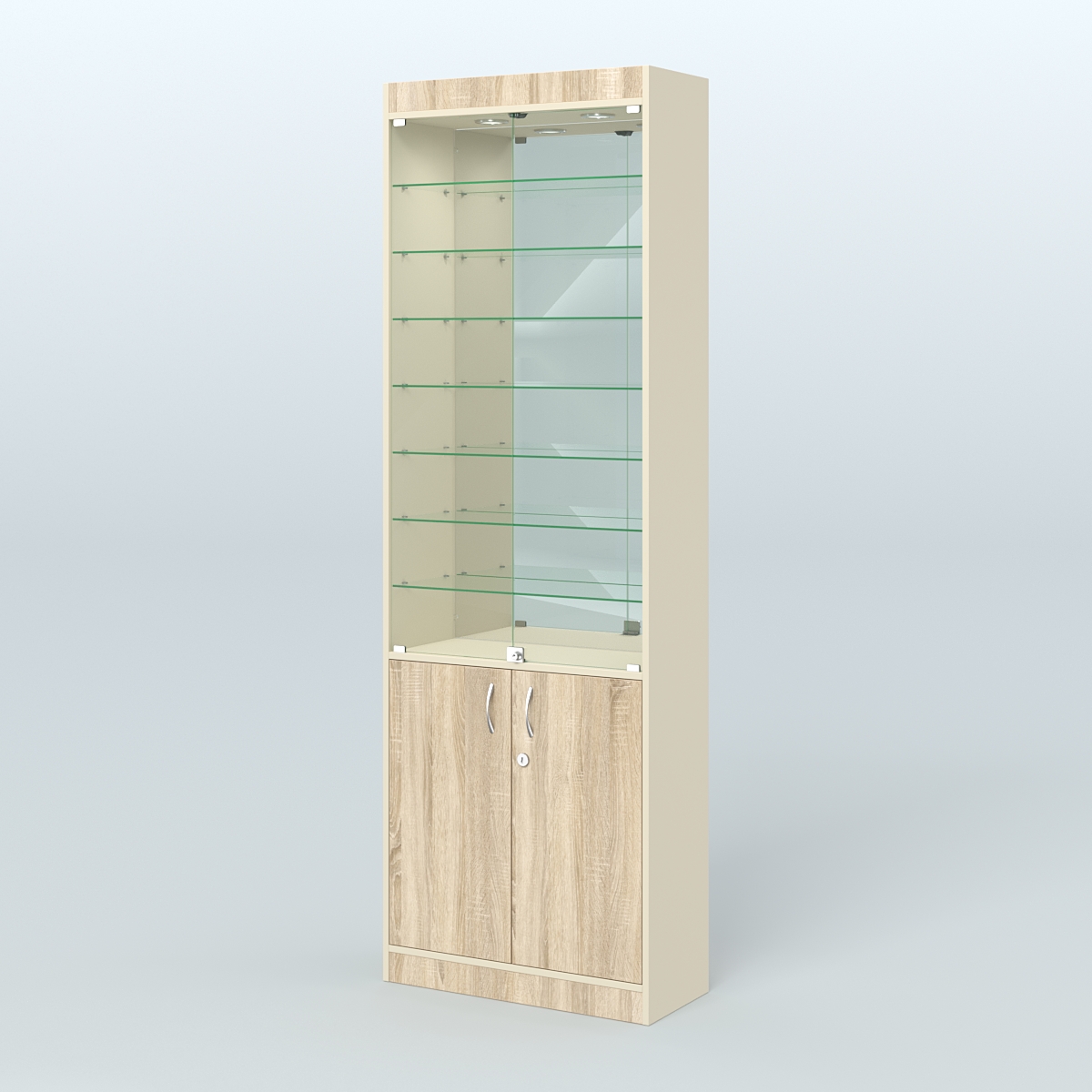Витрина из ДСП с дверками и узкими полками для аптеки №6-300-3 Крем Вайс и Дуб Сонома U2236-5