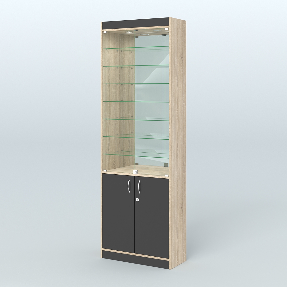 Витрина из ДСП с дверками и узкими полками для аптеки №6-300-3 Дуб Сонома + Черный