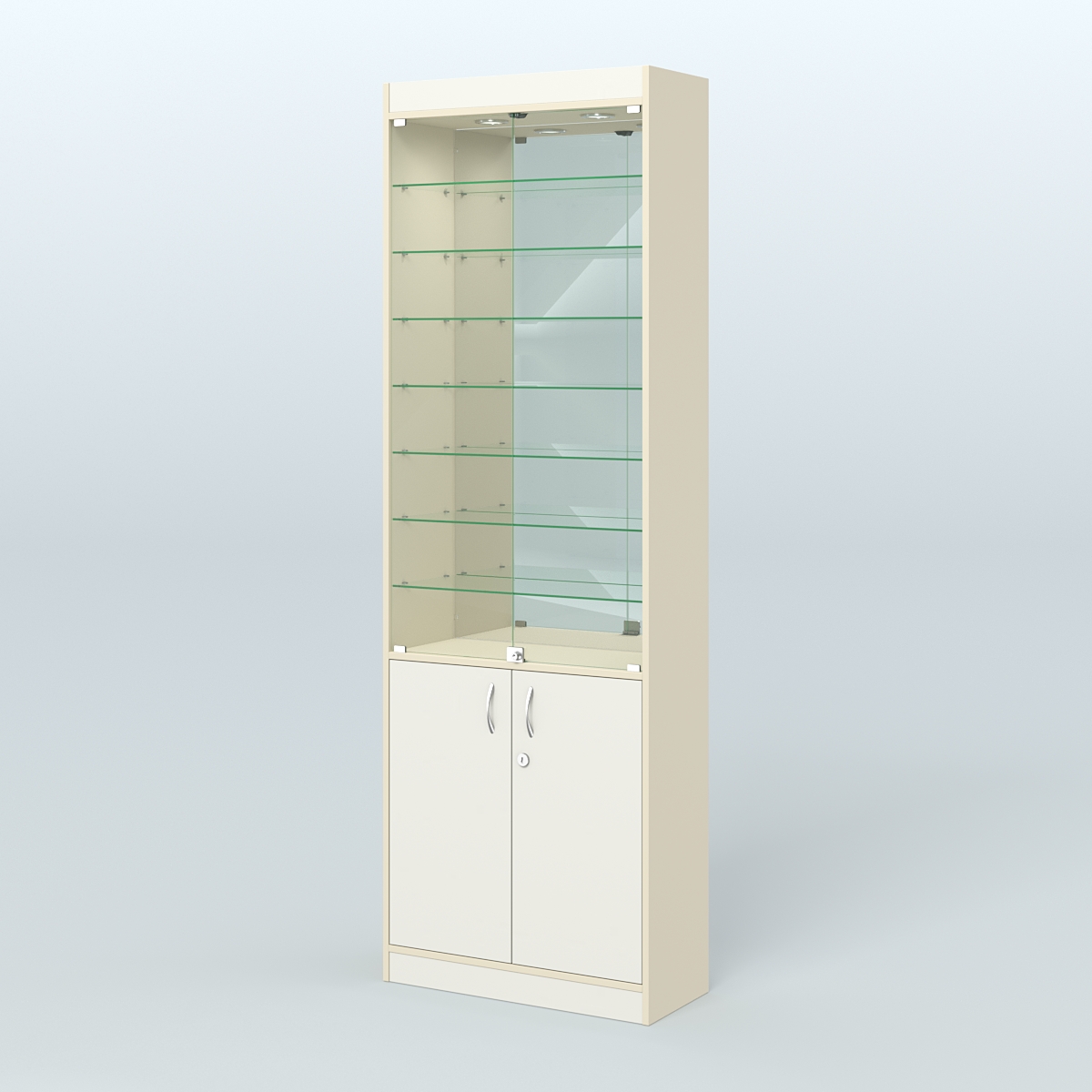 Витрина из ДСП с дверками и узкими полками для аптеки №6-300-3 Крем Вайс + Белый