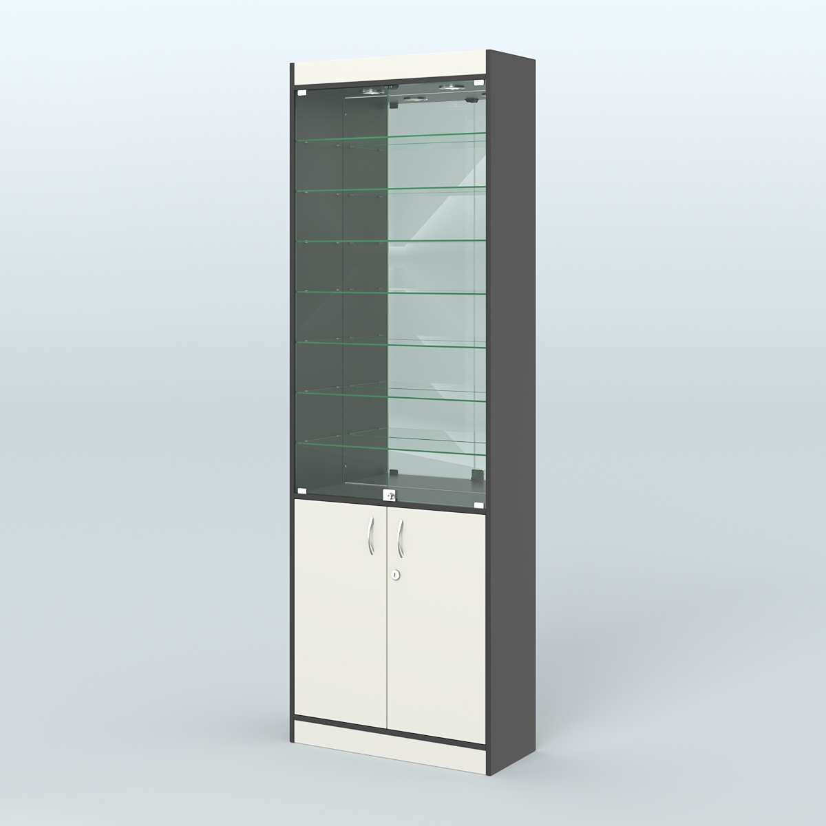 Витрина из ДСП с дверками и узкими полками для аптеки №6-300-3 Черный + Белый