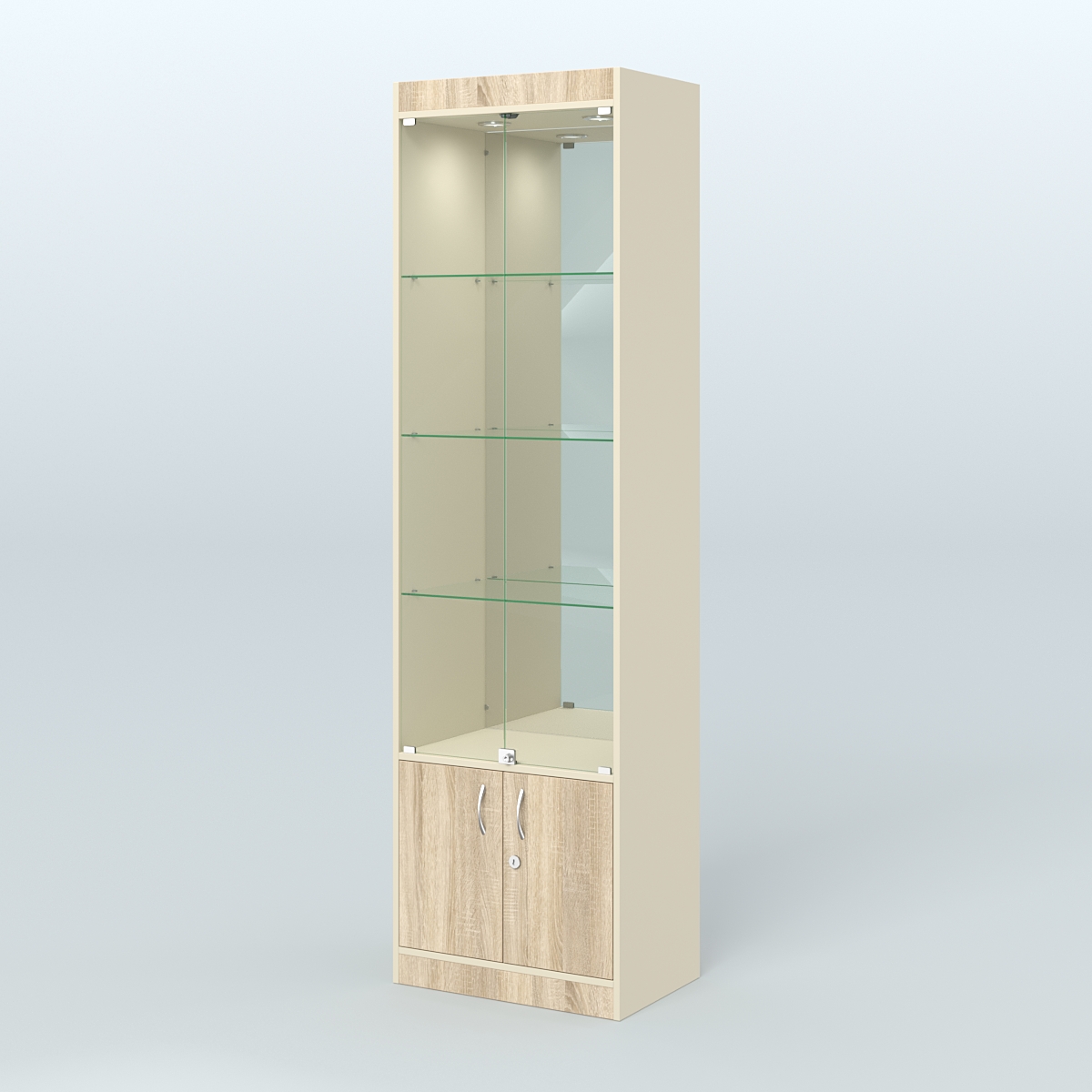 Витрина из ДСП с дверками и зеркалом для аптеки №2-400-3 Крем Вайс и Дуб Сонома U2236-5