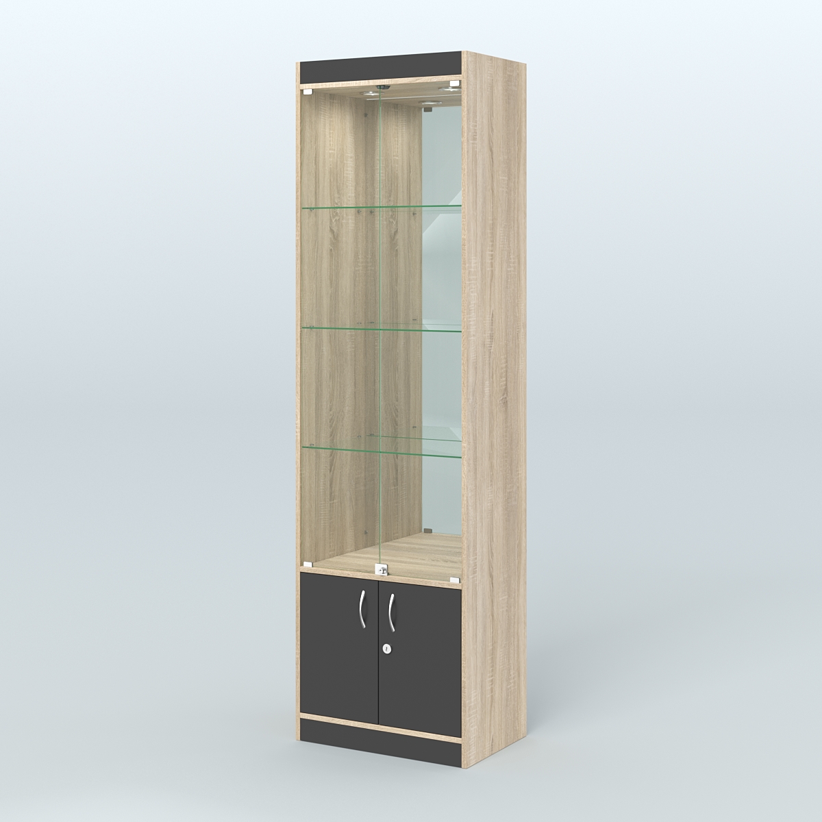 Витрина из ДСП с дверками и зеркалом для аптеки №2-400-3 Дуб Сонома + Черный