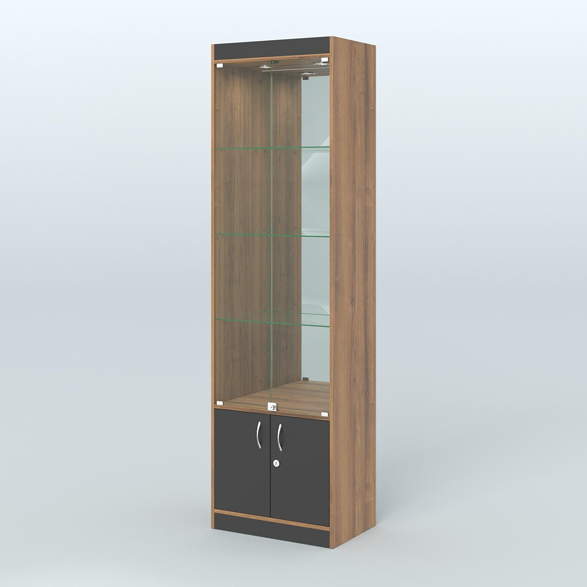 Витрина из ДСП с дверками и зеркалом для аптеки №2-400-3 Орех + Черный