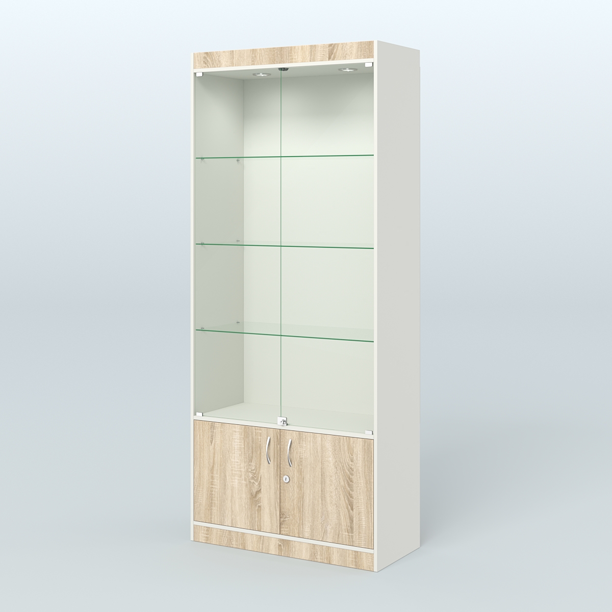 Витрина из ДСП со стеклянными дверками для аптеки №1-400-1 Белый + Дуб Сонома