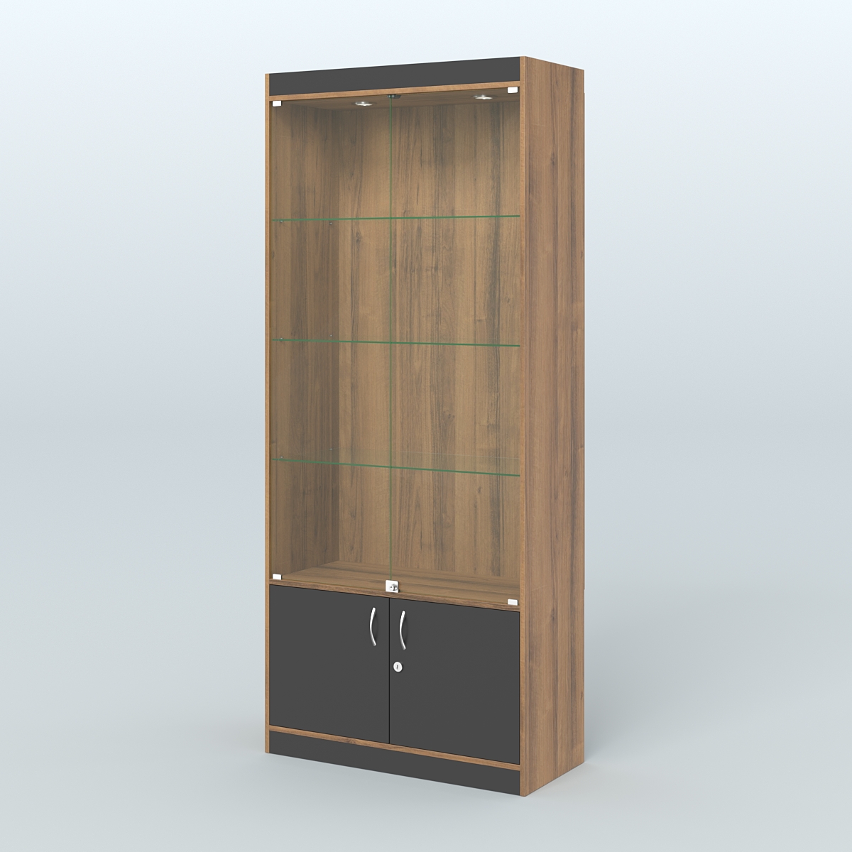 Витрина из ДСП со стеклянными дверками для аптеки №1-400-1 Орех + Черный