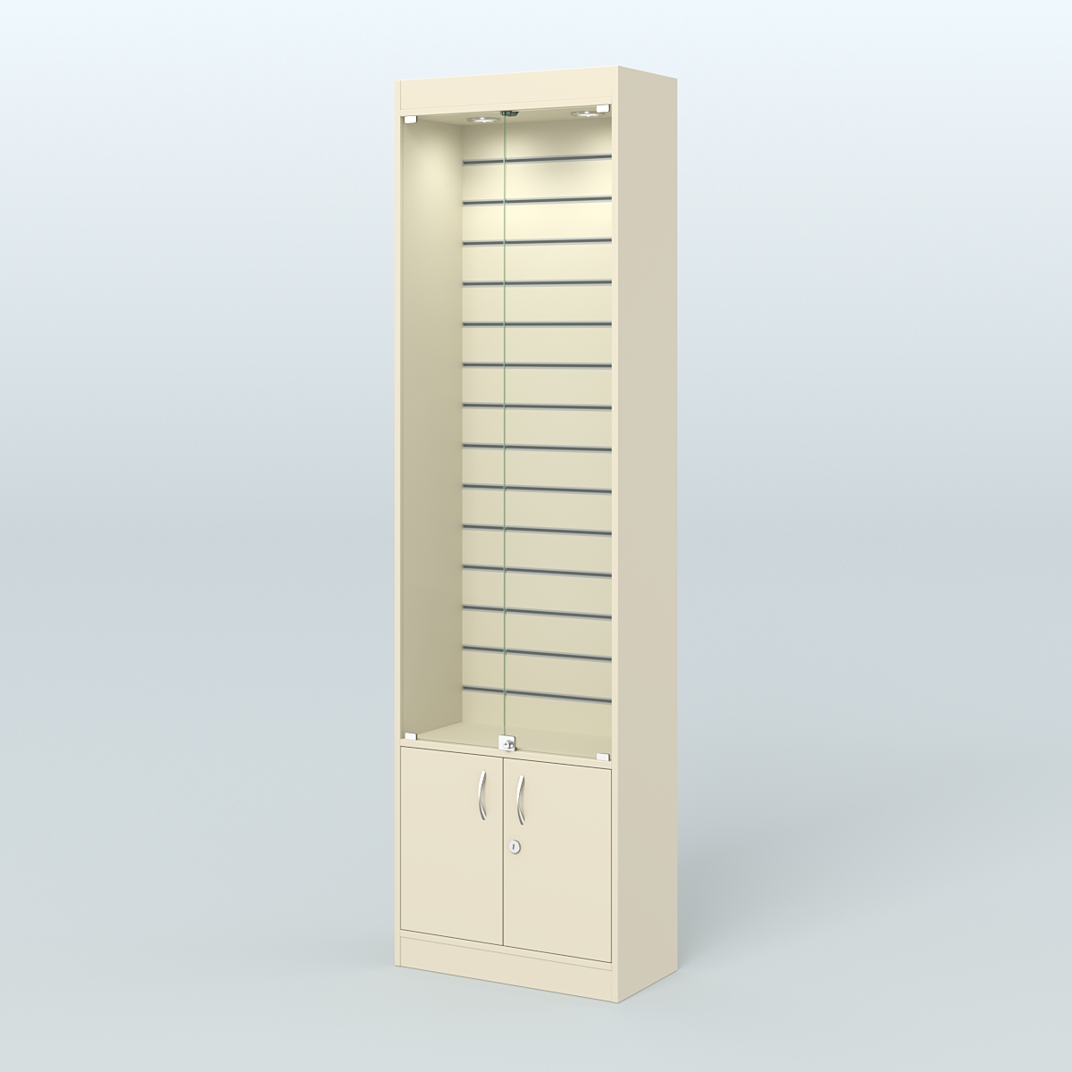 Витрина закрытая из ДСП с экономпанелью для аптеки №2-300-4 Крем Вайс