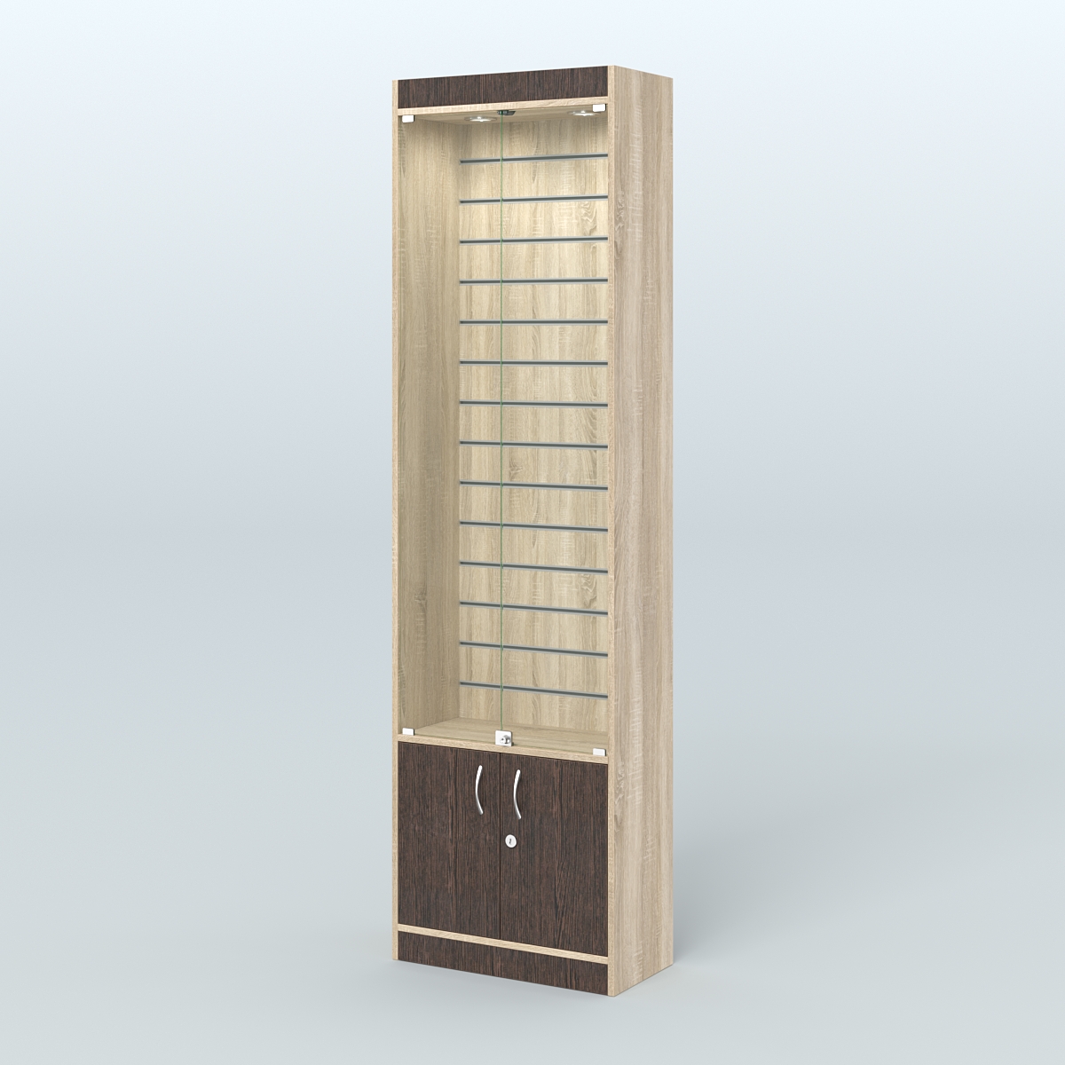 Витрина закрытая из ДСП с экономпанелью для аптеки №2-300-4 Дуб Сонома + Дуб Венге