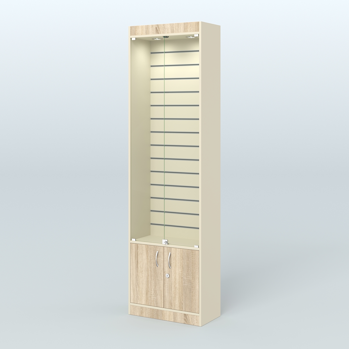 Витрина закрытая из ДСП с экономпанелью для аптеки №2-300-4 Крем Вайс и Дуб Сонома U2236-5