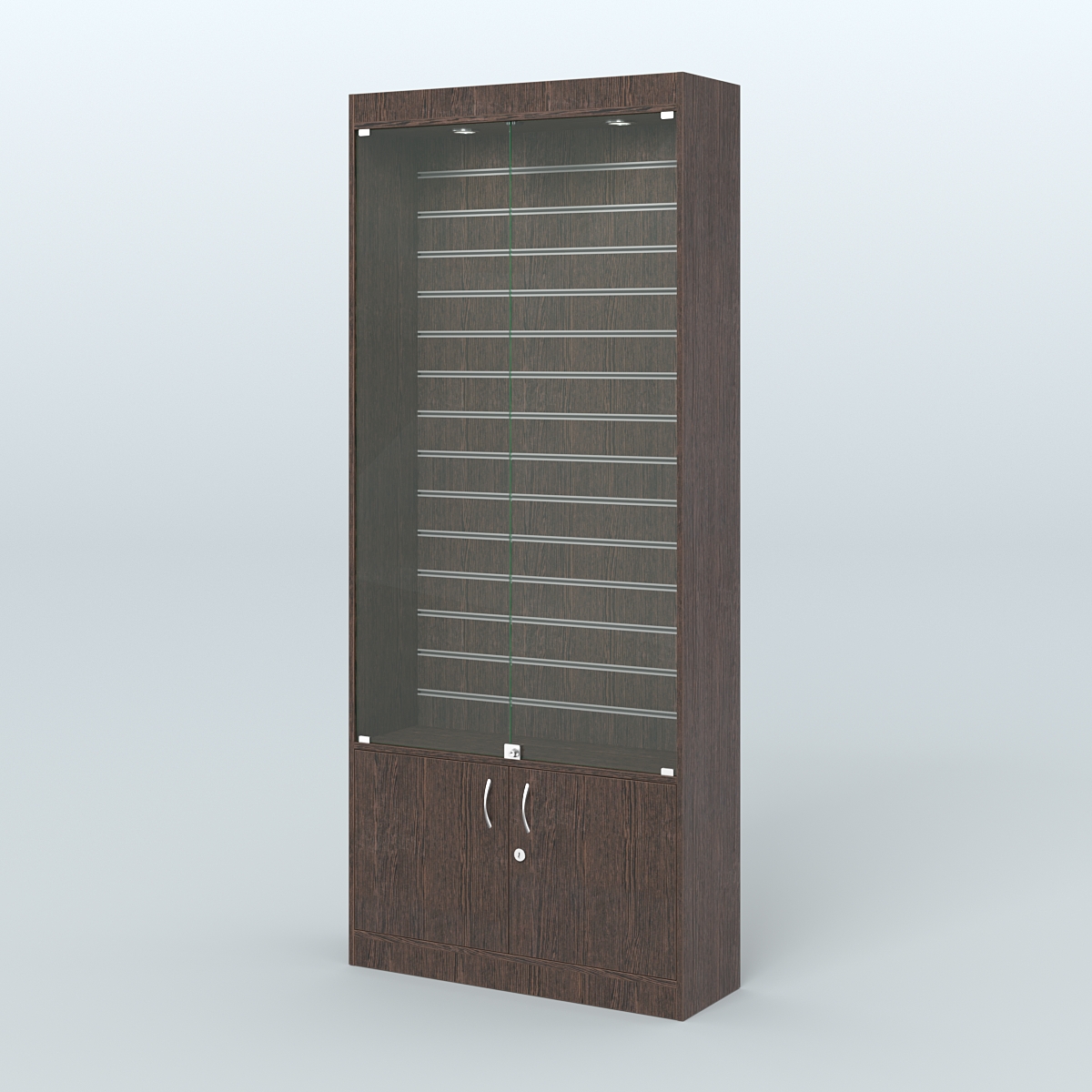 Витрина пристенная из ДСП с экономпанелью для аптеки №1-300-4 Дуб Венге