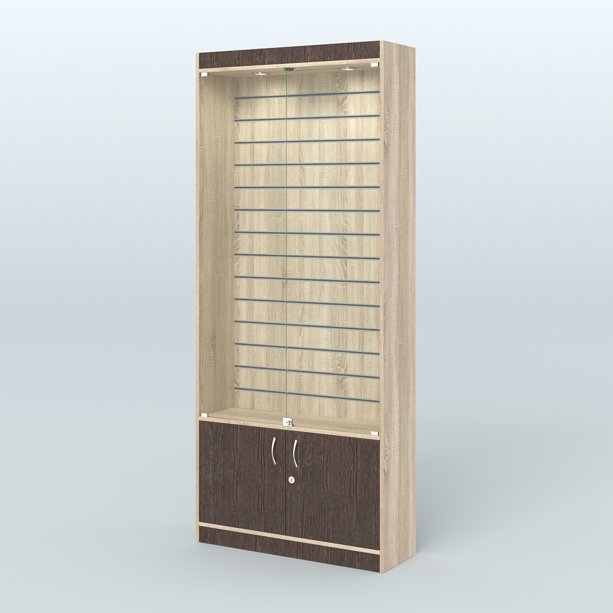 Витрина пристенная из ДСП с экономпанелью для аптеки №1-300-4 Дуб Сонома + Дуб Венге