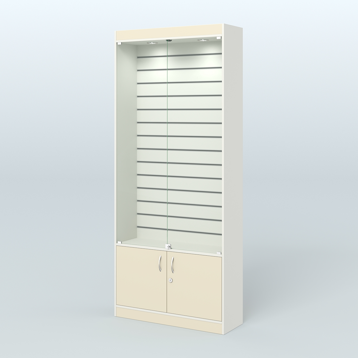 Витрина пристенная из ДСП с экономпанелью для аптеки №1-300-4 Белый + Крем Вайс