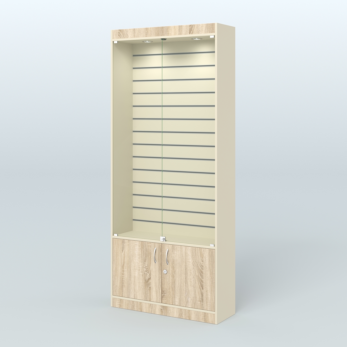 Витрина пристенная из ДСП с экономпанелью для аптеки №1-300-4 Крем Вайс и Дуб Сонома U2236-5