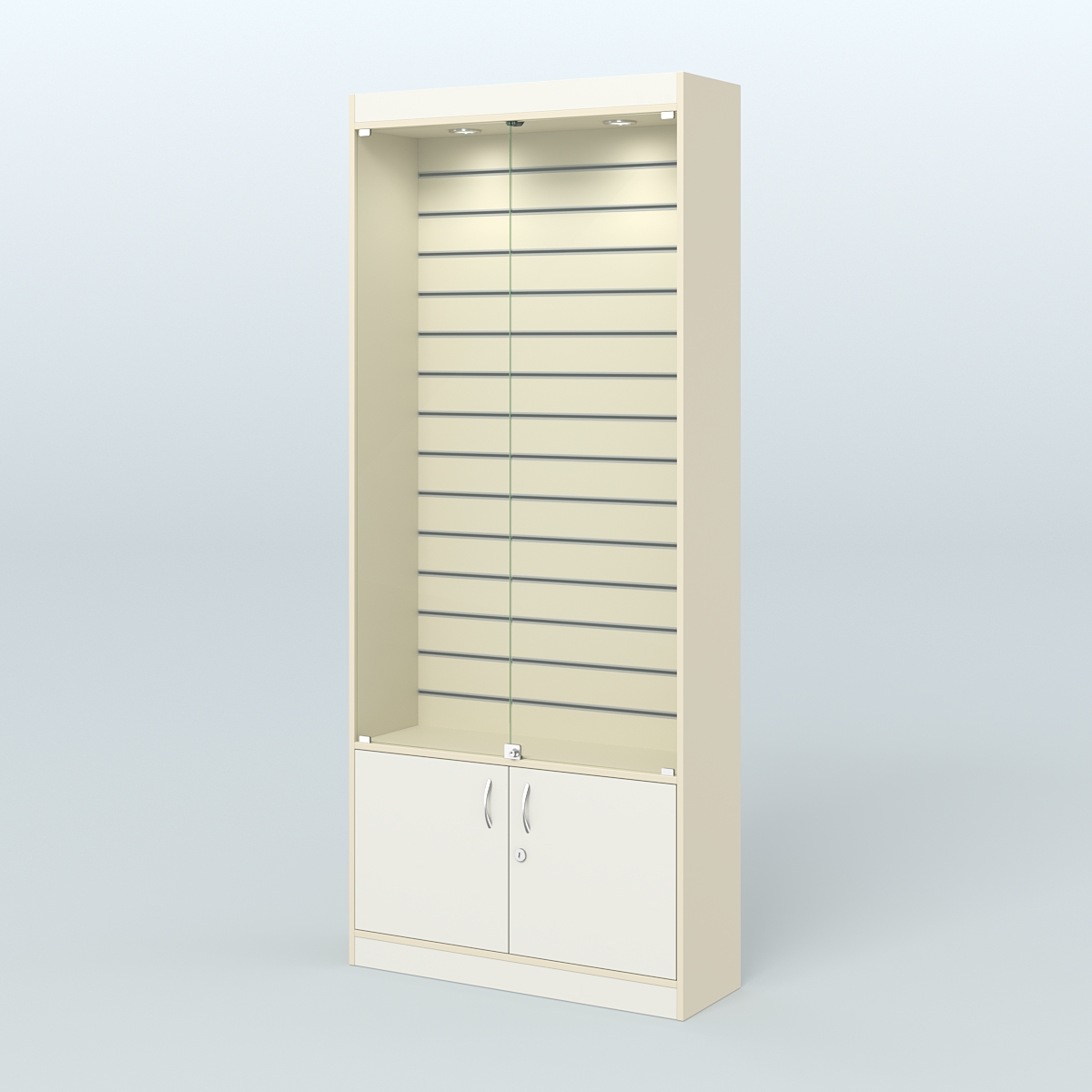 Витрина пристенная из ДСП с экономпанелью для аптеки №1-300-4 Крем Вайс + Белый