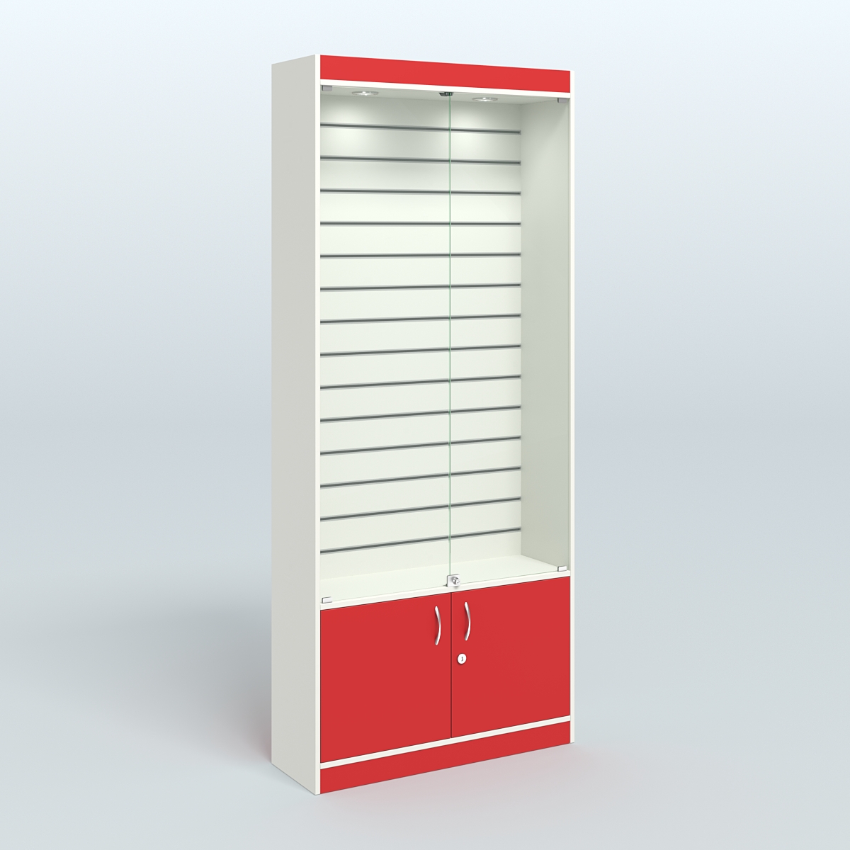 Витрина пристенная из ДСП с экономпанелью для аптеки №1-300-4 Белый + Красный