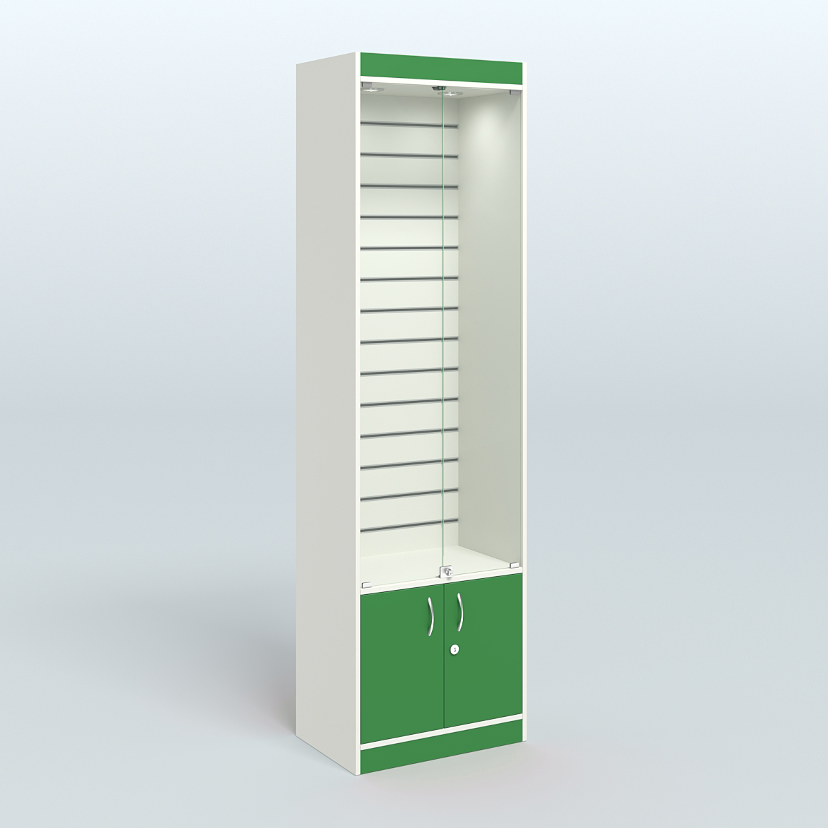 Витрина из ДСП с экономпанелью и дверками для аптеки №2-400-4 Белый + Зеленый Оксид 9561 BS