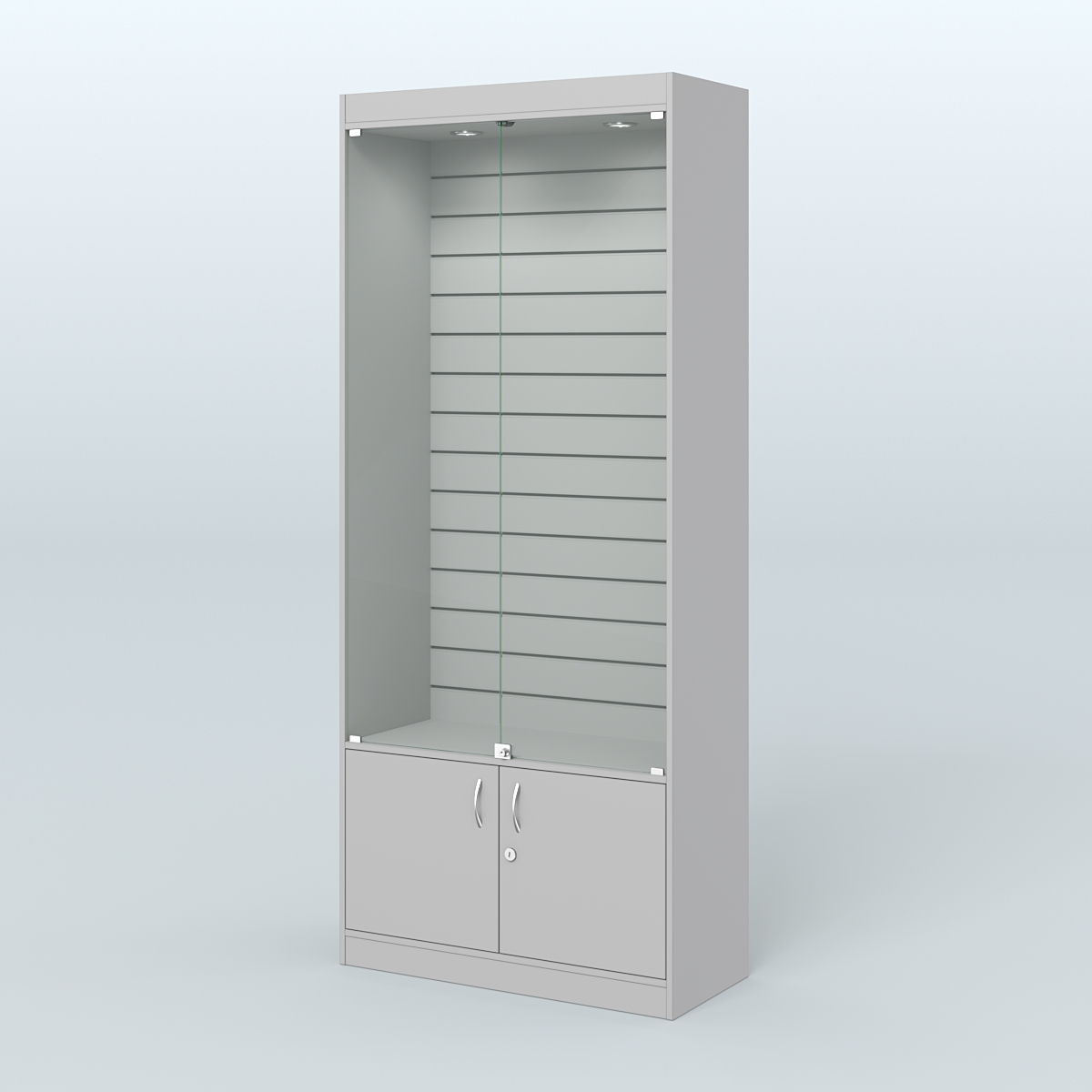 Витрина из ДСП с экономпанелью и верхней подсветкой для аптеки ЭК-1-400-4 Серый