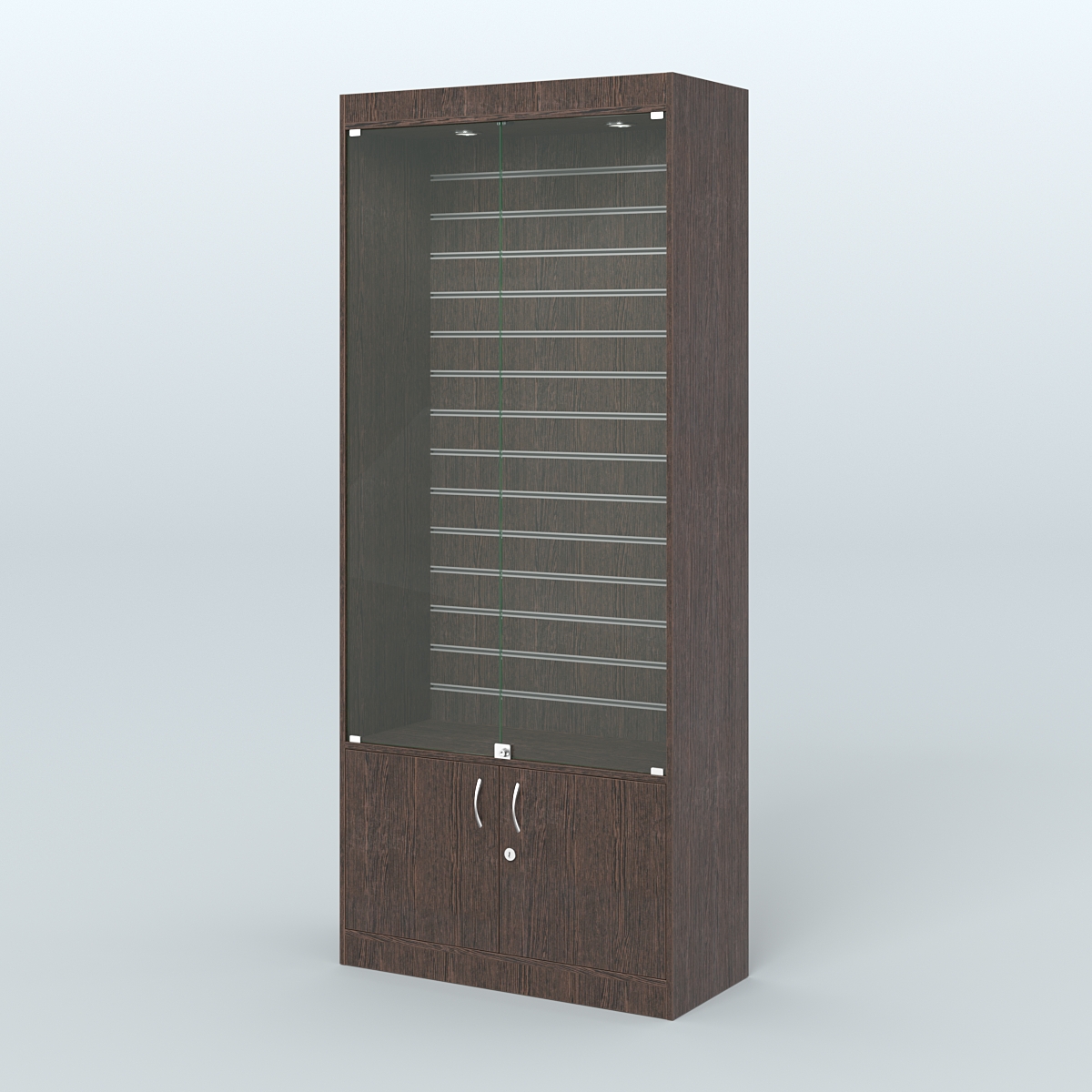 Витрина из ДСП с экономпанелью и верхней подсветкой для аптеки ЭК-1-400-4 Дуб Венге