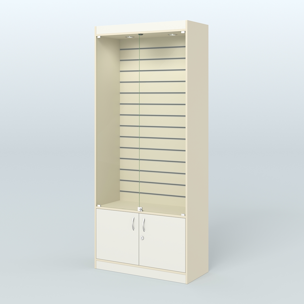 Витрина из ДСП с экономпанелью и верхней подсветкой для аптеки ЭК-1-400-4 Крем Вайс + Белый