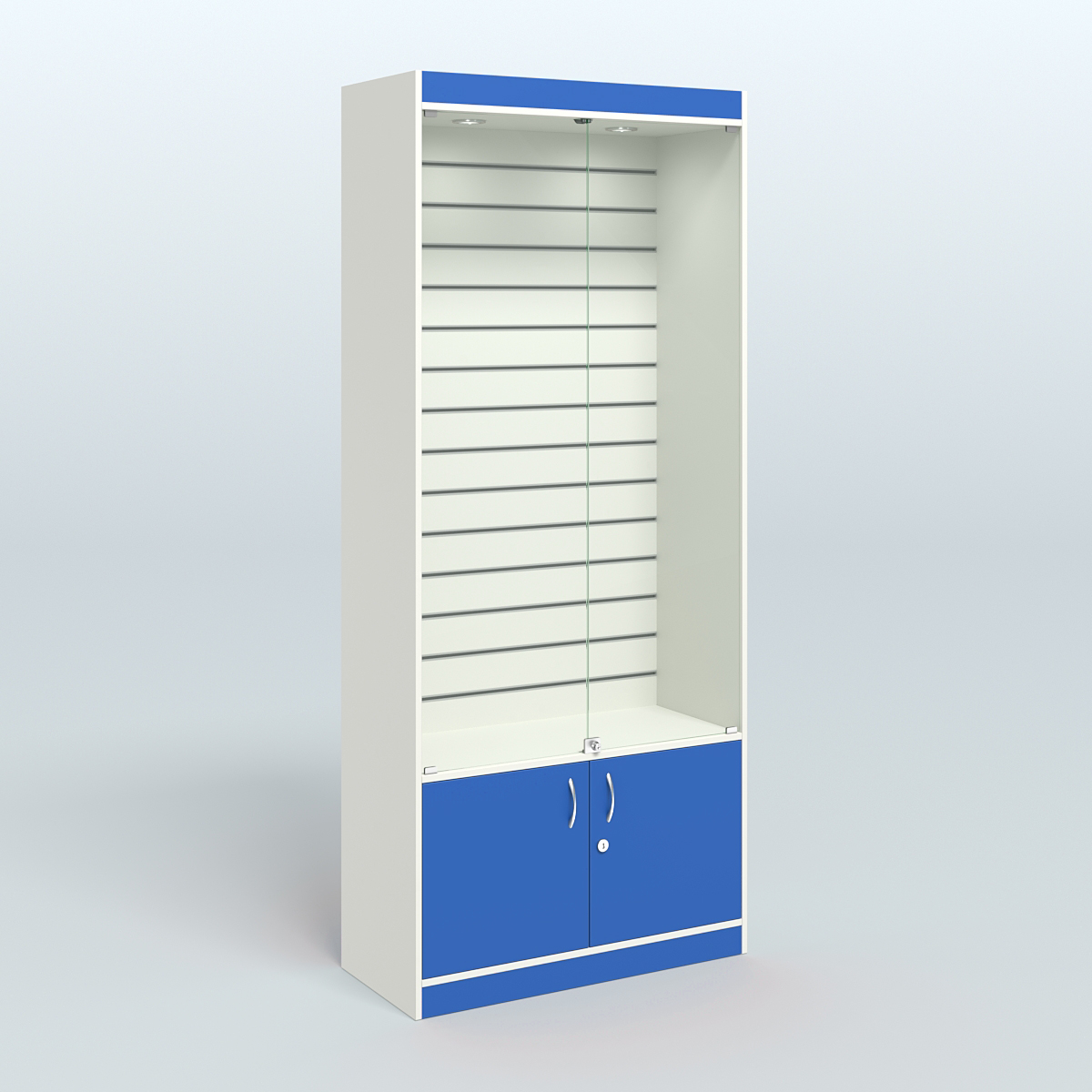 Витрина из ДСП с экономпанелью и верхней подсветкой для аптеки ЭК-1-400-4 Белый + Делфт голубой