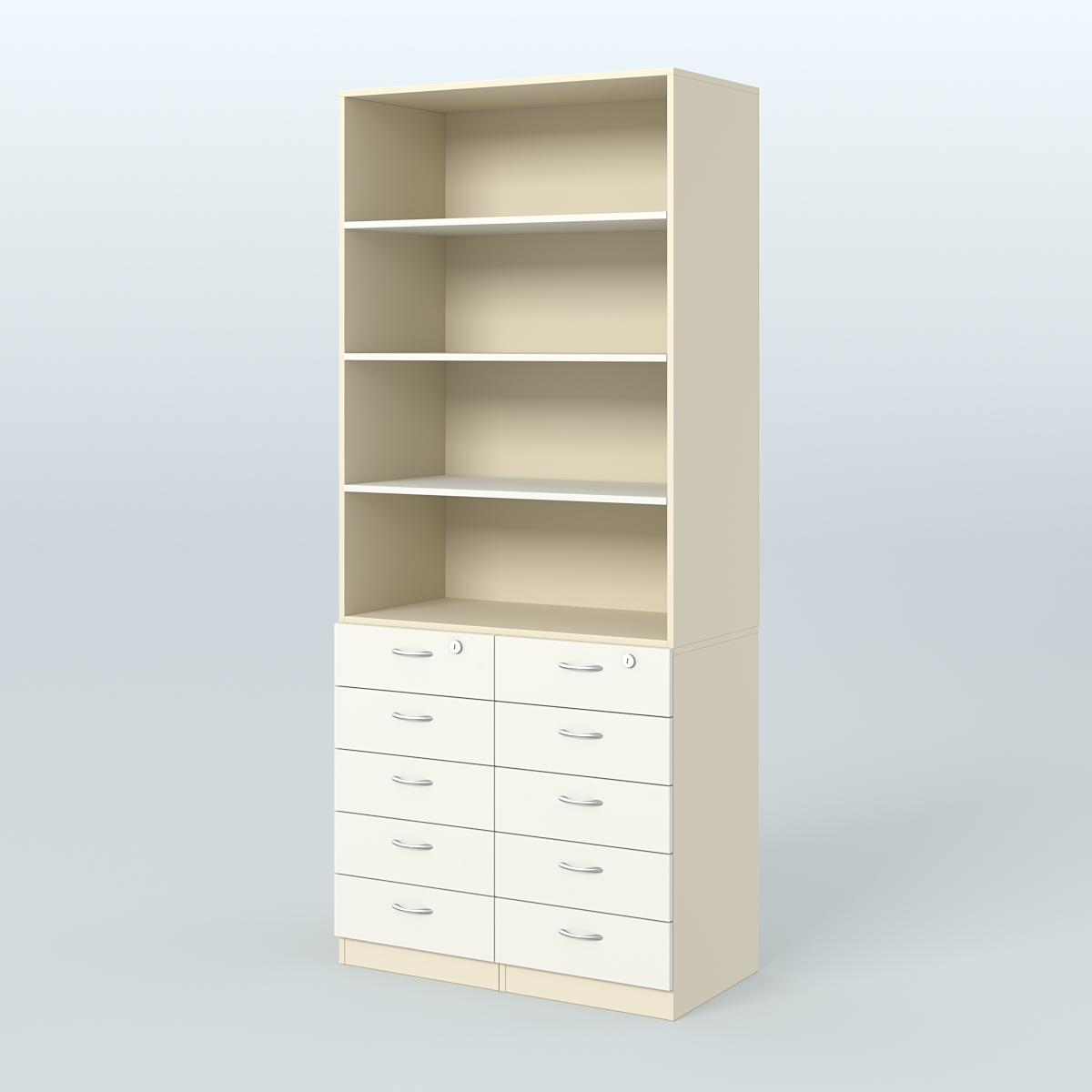 Шкаф для аптек с 10-ю ящиками и тремя полками ДСП №6-А Крем Вайс + Белый