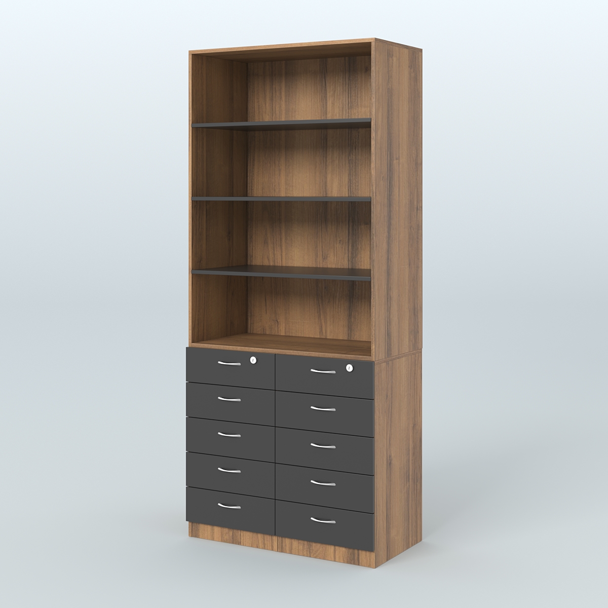 Шкаф для аптек с 10-ю ящиками и тремя полками ДСП №6-А Орех + Черный