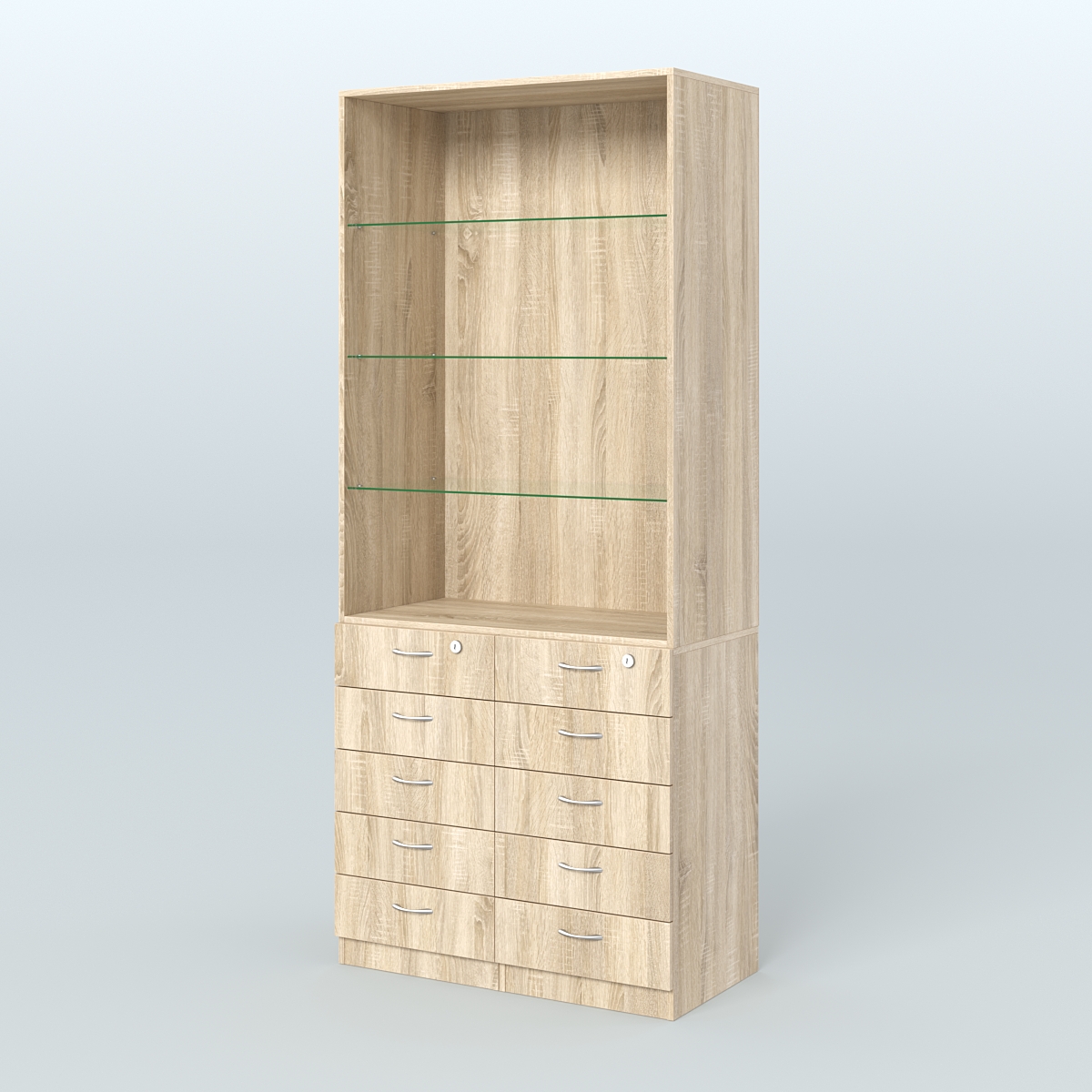 Шкаф для аптек с 10-ю ящиками и тремя стеклянными полками №6-Б Дуб Сонома