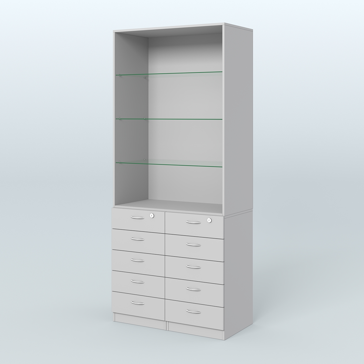 Шкаф для аптек с 10-ю ящиками и тремя стеклянными полками №6-Б Серый