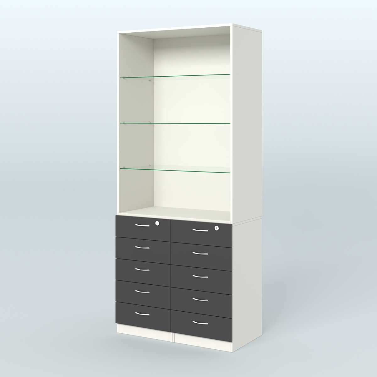 Шкаф для аптек с 10-ю ящиками и тремя стеклянными полками №6-Б Белый и Черный