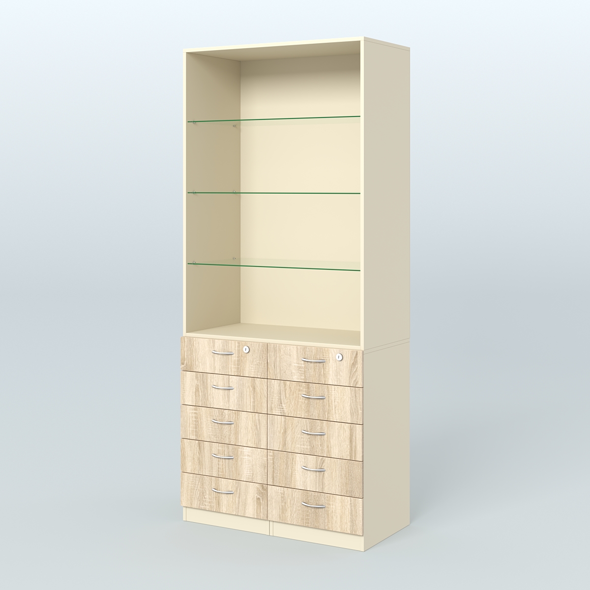 Шкаф для аптек с 10-ю ящиками и тремя стеклянными полками №6-Б Крем Вайс и Дуб Сонома U2236-5
