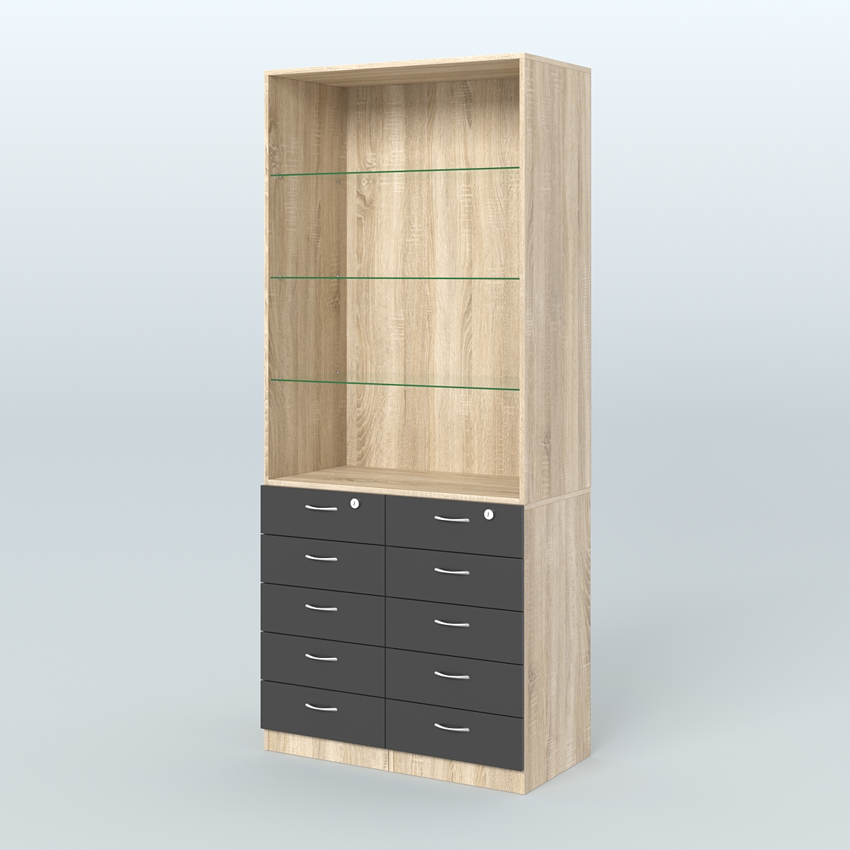 Шкаф для аптек с 10-ю ящиками и тремя стеклянными полками №6-Б Дуб Сонома + Черный