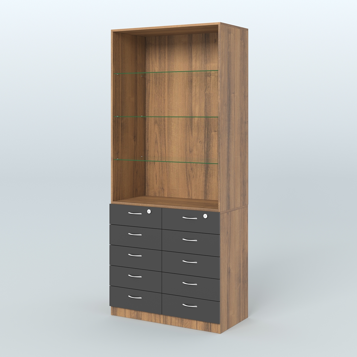 Шкаф для аптек с 10-ю ящиками и тремя стеклянными полками №6-Б Орех + Черный