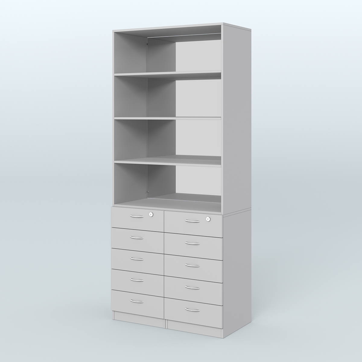 Шкаф для аптек с 10-ю ящиками с полками ДСП и зеркалом №6-1-Д Серый