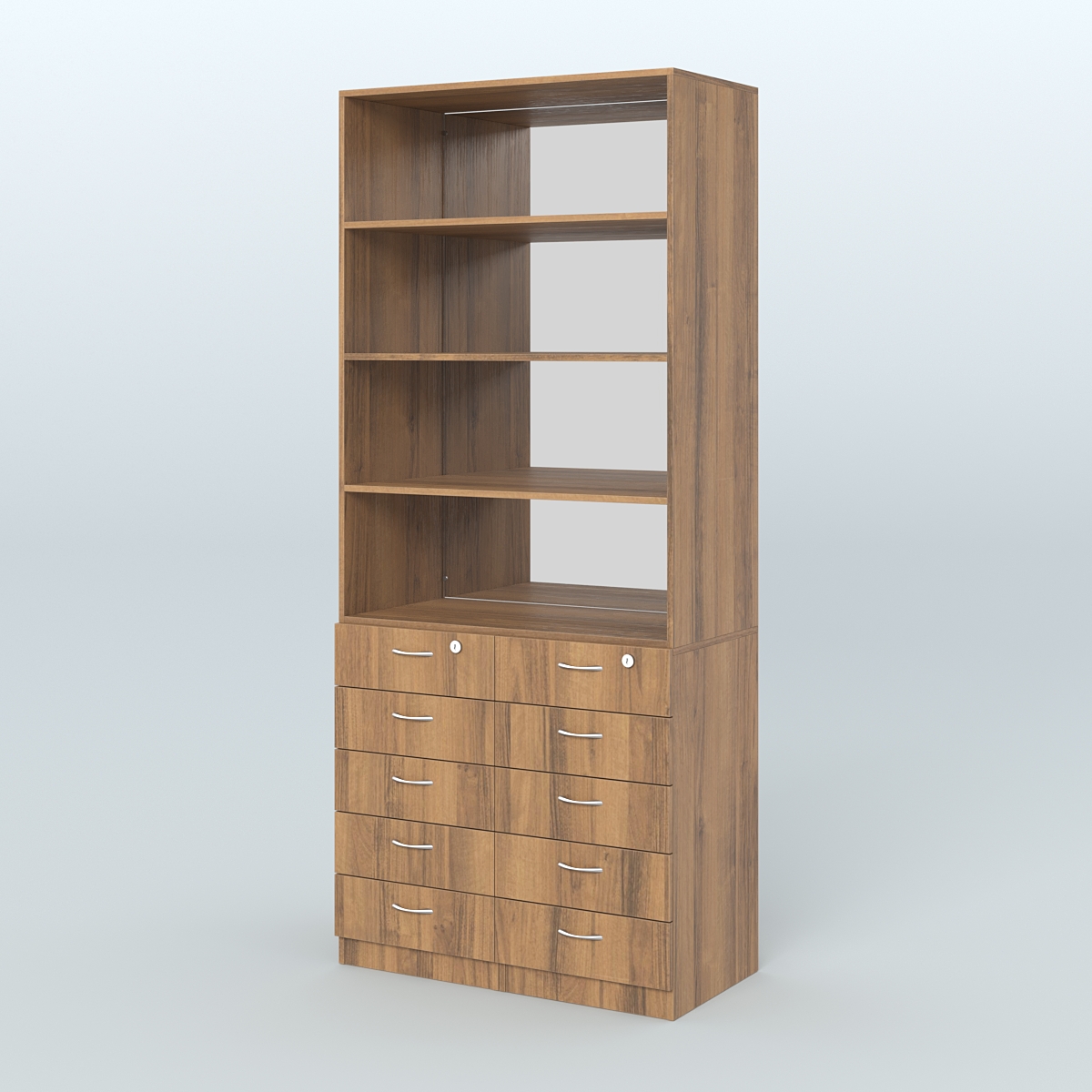 Шкаф для аптек с 10-ю ящиками с полками ДСП и зеркалом №6-1-Д Орех