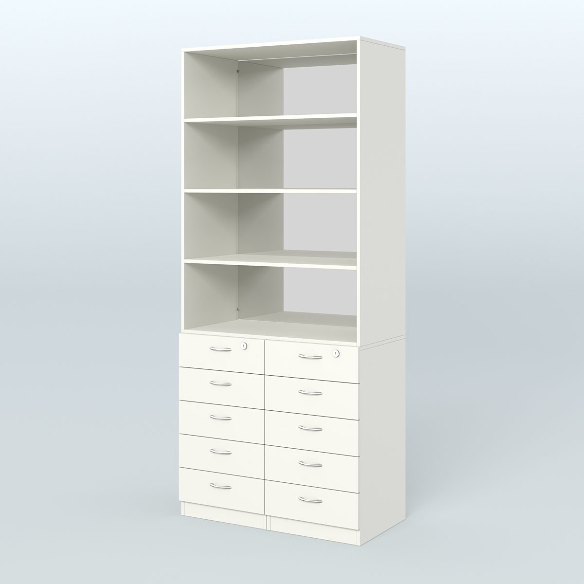 Шкаф для аптек с 10-ю ящиками с полками ДСП и зеркалом №6-1-Д Белый