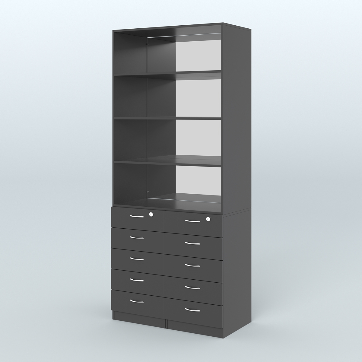 Шкаф для аптек с 10-ю ящиками с полками ДСП и зеркалом №6-1-Д Черный