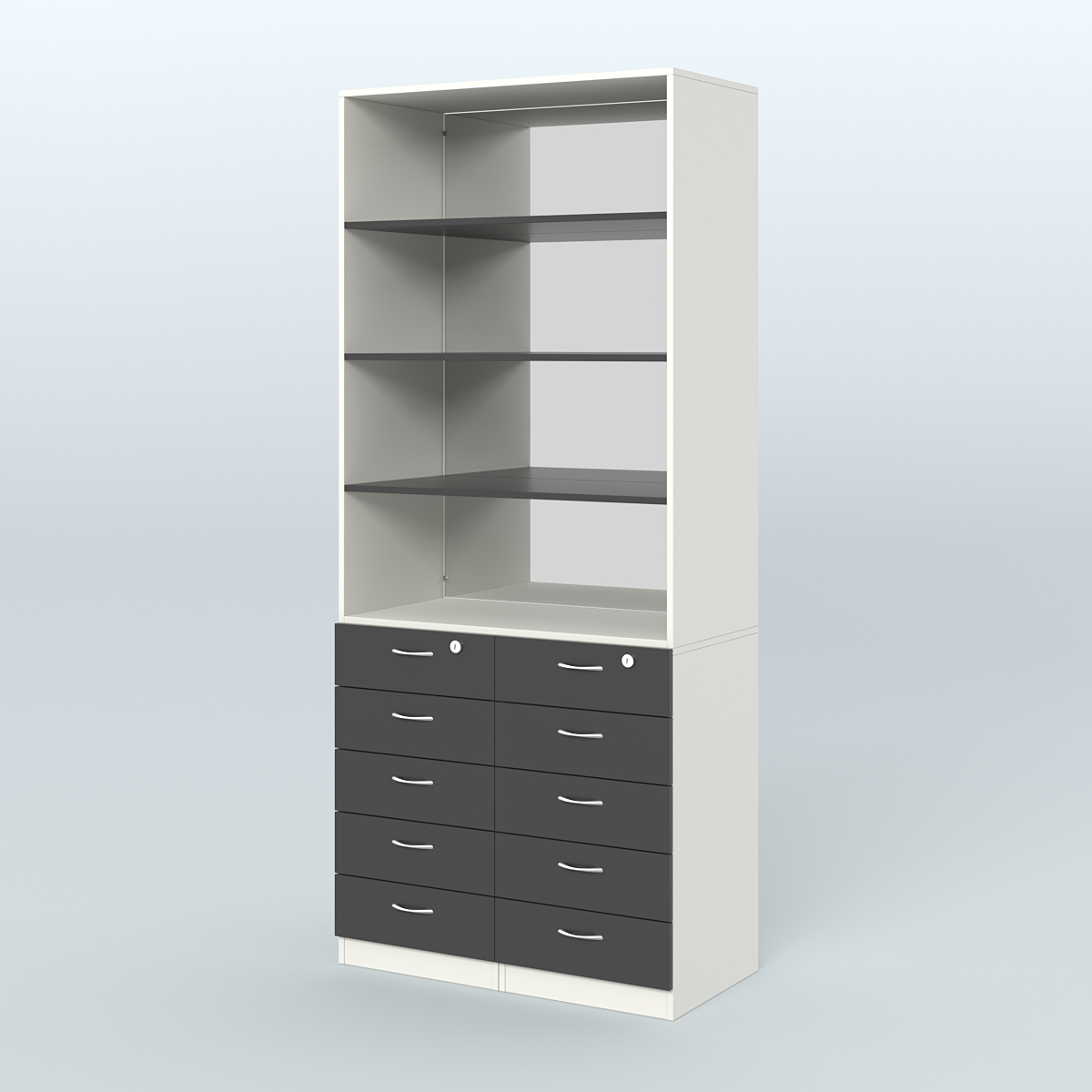 Шкаф для аптек с 10-ю ящиками с полками ДСП и зеркалом №6-1-Д Белый и Черный