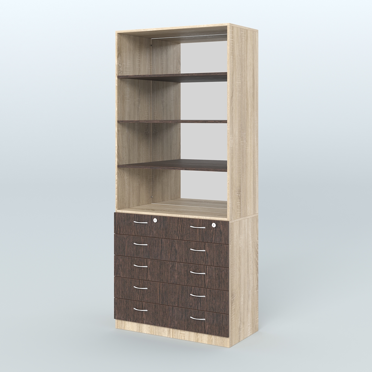 Шкаф для аптек с 10-ю ящиками с полками ДСП и зеркалом №6-1-Д Дуб Сонома + Дуб Венге