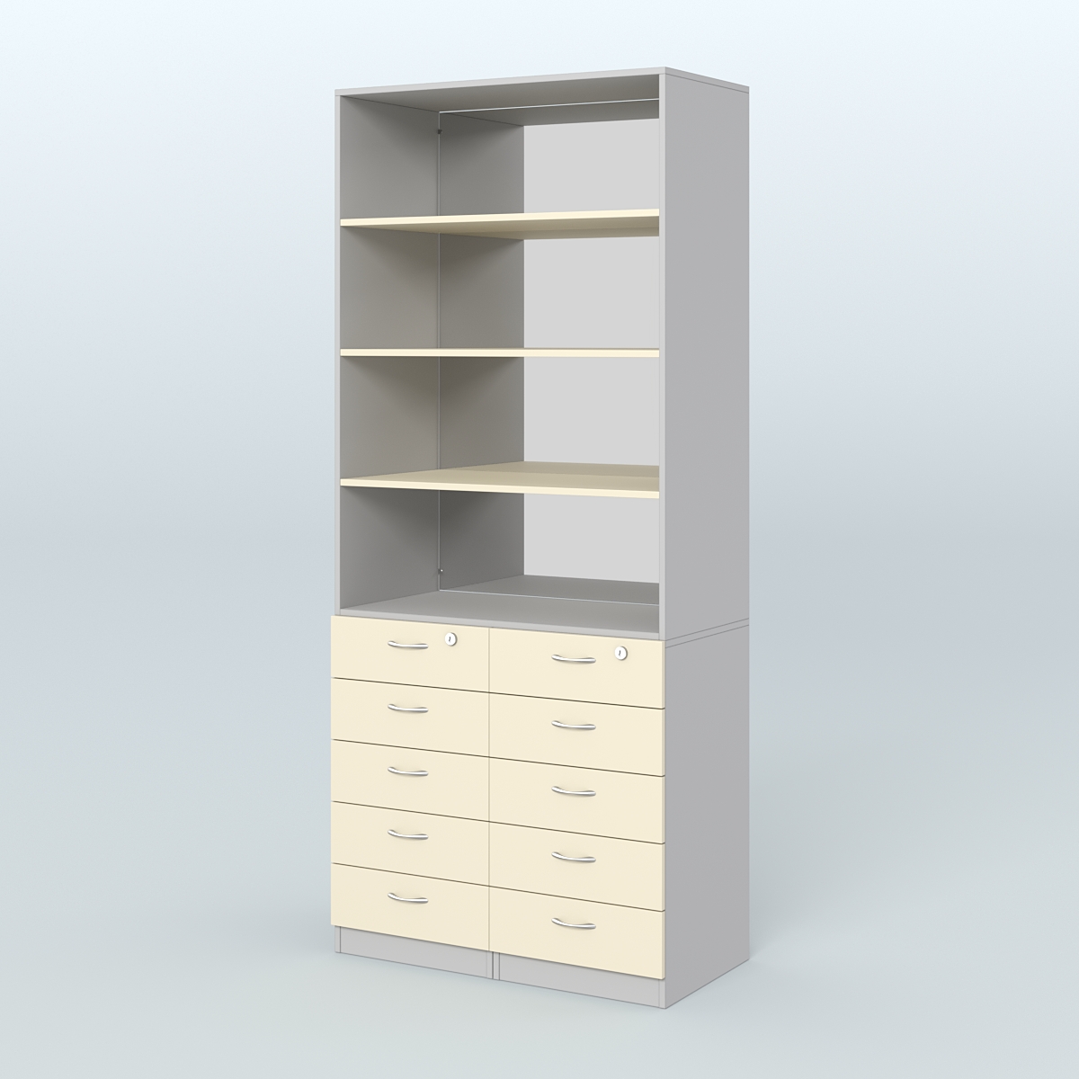 Шкаф для аптек с 10-ю ящиками с полками ДСП и зеркалом №6-1-Д Серый + Крем Вайс