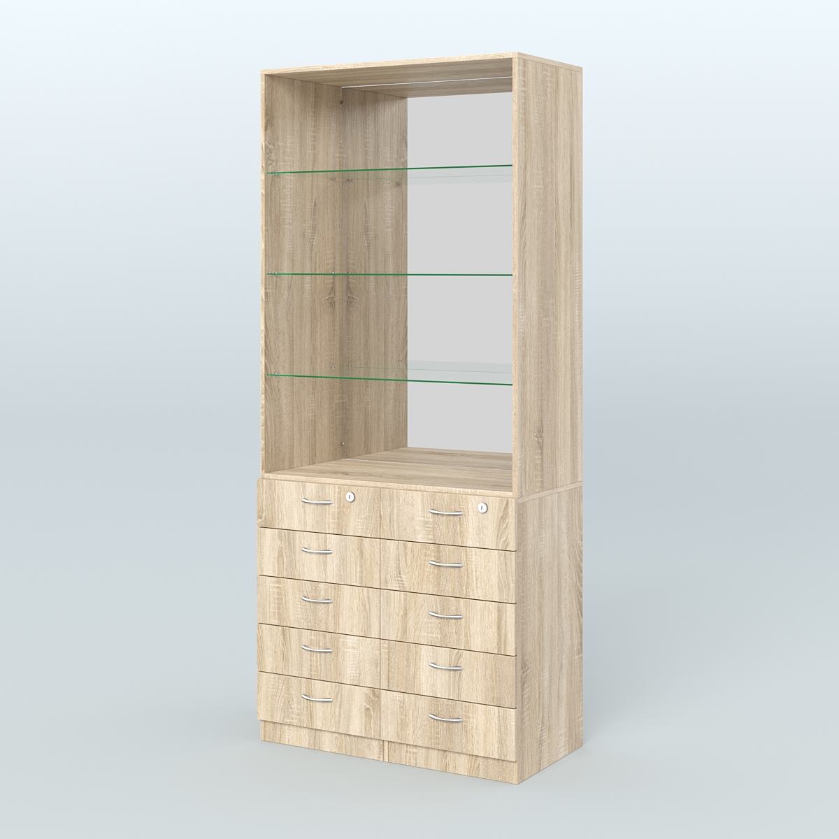 Шкаф для аптек с 10-ю ящиками полками стекло и зеркалом №6-1-СЗ Дуб Сонома