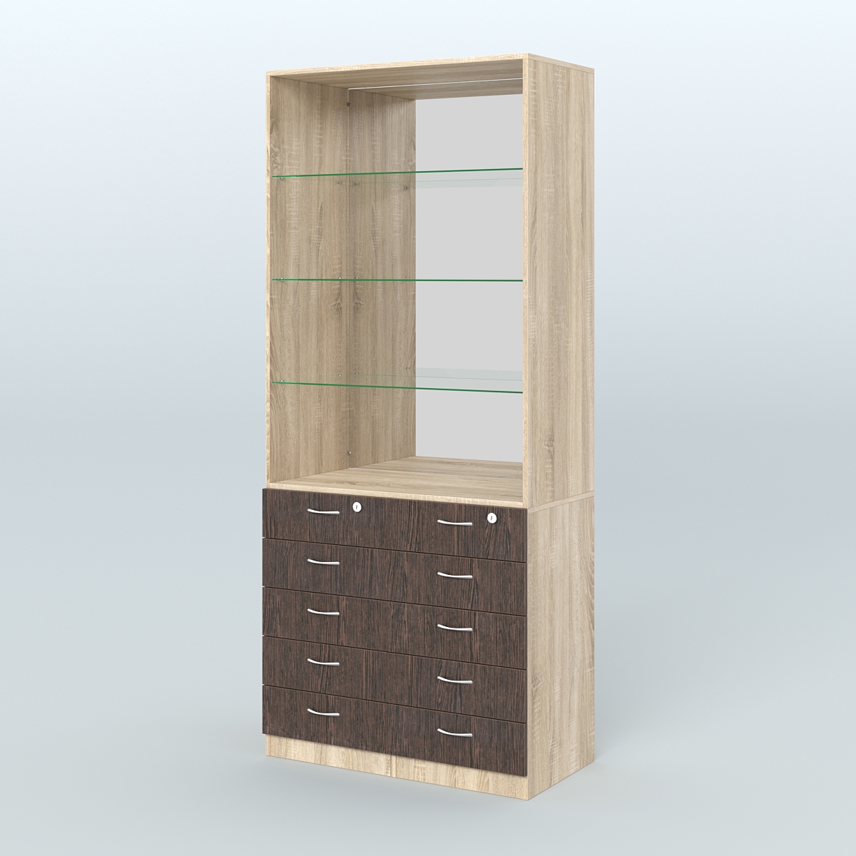 Шкаф для аптек с 10-ю ящиками полками стекло и зеркалом №6-1-СЗ Дуб Сонома + Дуб Венге