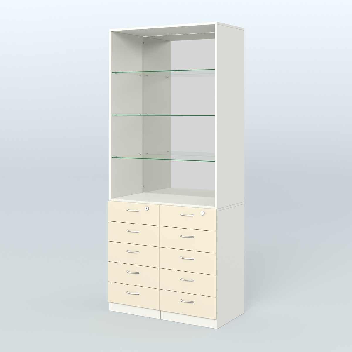 Шкаф для аптек с 10-ю ящиками полками стекло и зеркалом №6-1-СЗ Белый + Крем Вайс