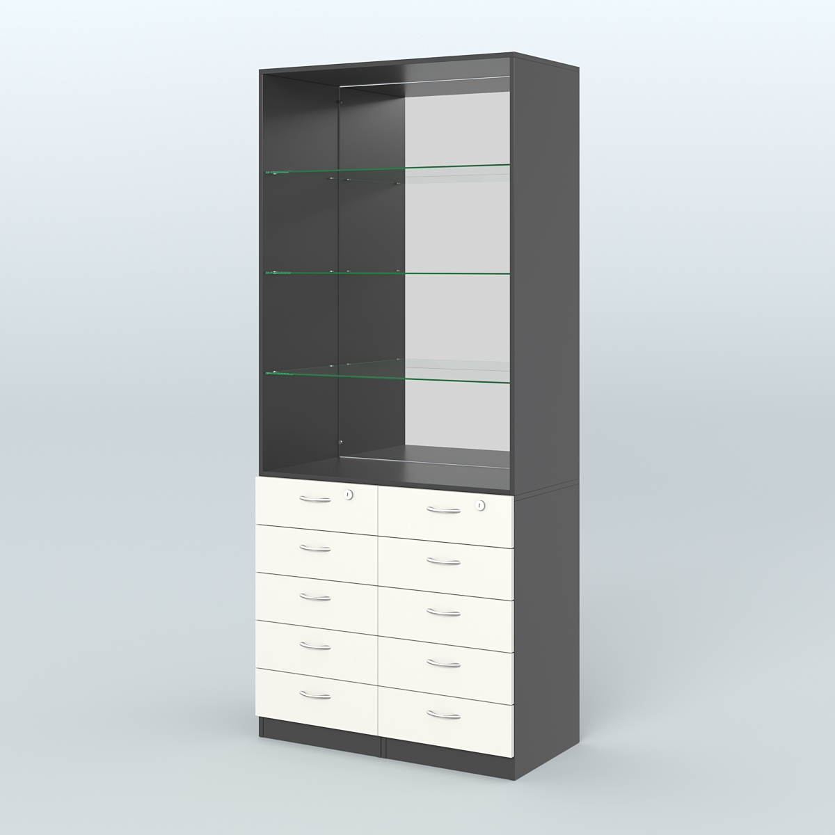 Шкаф для аптек с 10-ю ящиками полками стекло и зеркалом №6-1-СЗ Черный + Белый