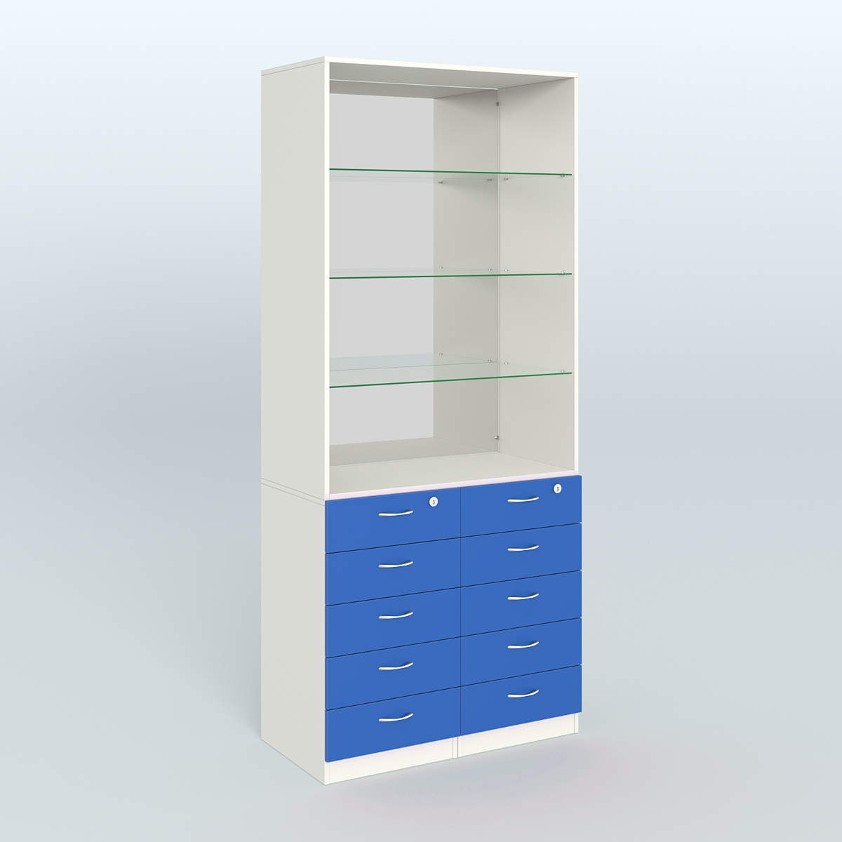 Шкаф для аптек с 10-ю ящиками полками стекло и зеркалом №6-1-СЗ Белый + Делфт голубой