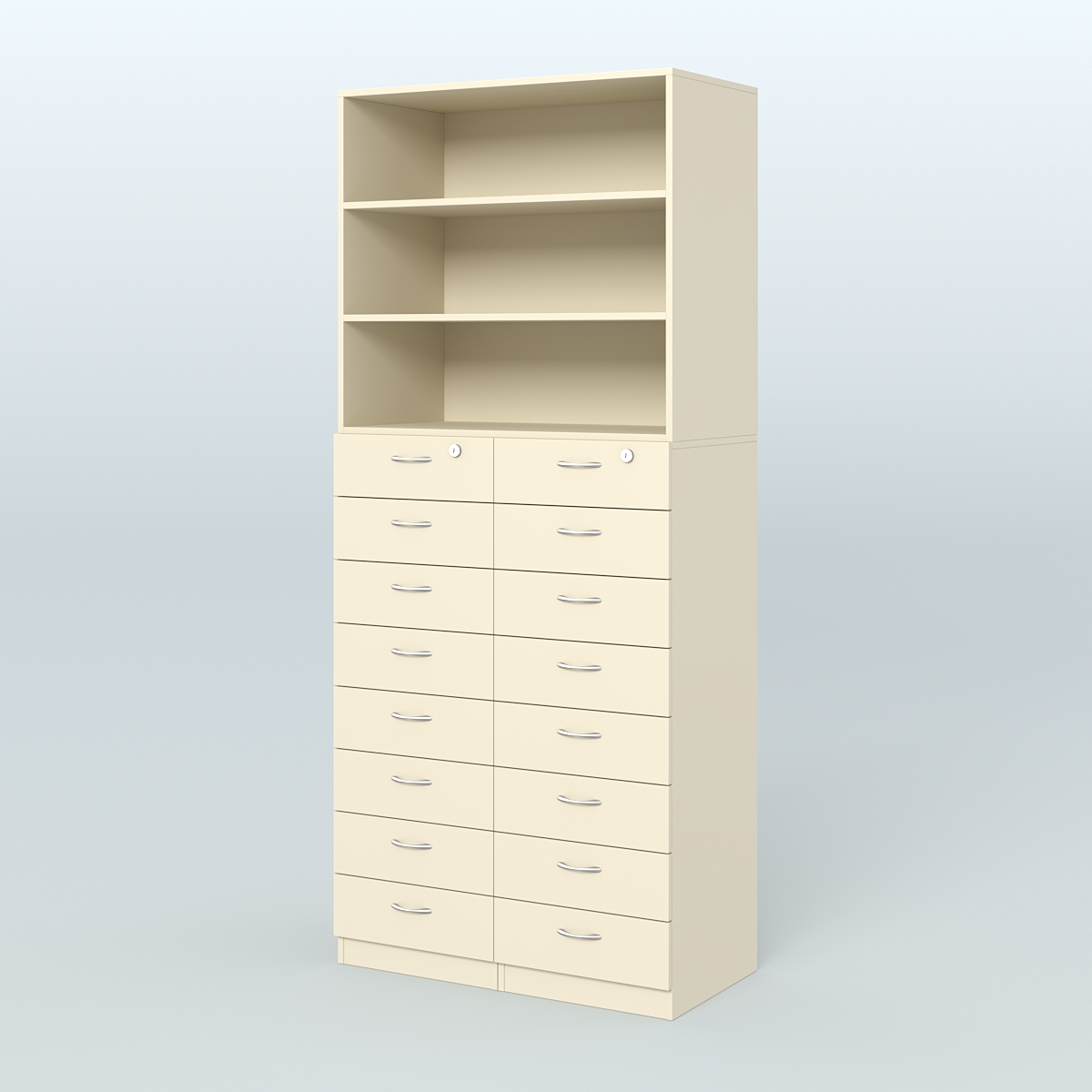 Шкаф для аптек с 16-ю ящиками и двумя полками ДСП №7-Д Крем Вайс