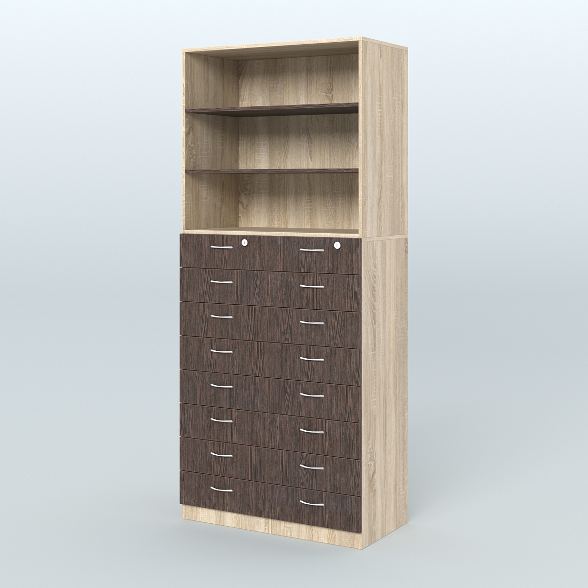 Шкаф для аптек с 16-ю ящиками и двумя полками ДСП №7-Д Дуб Сонома + Дуб Венге