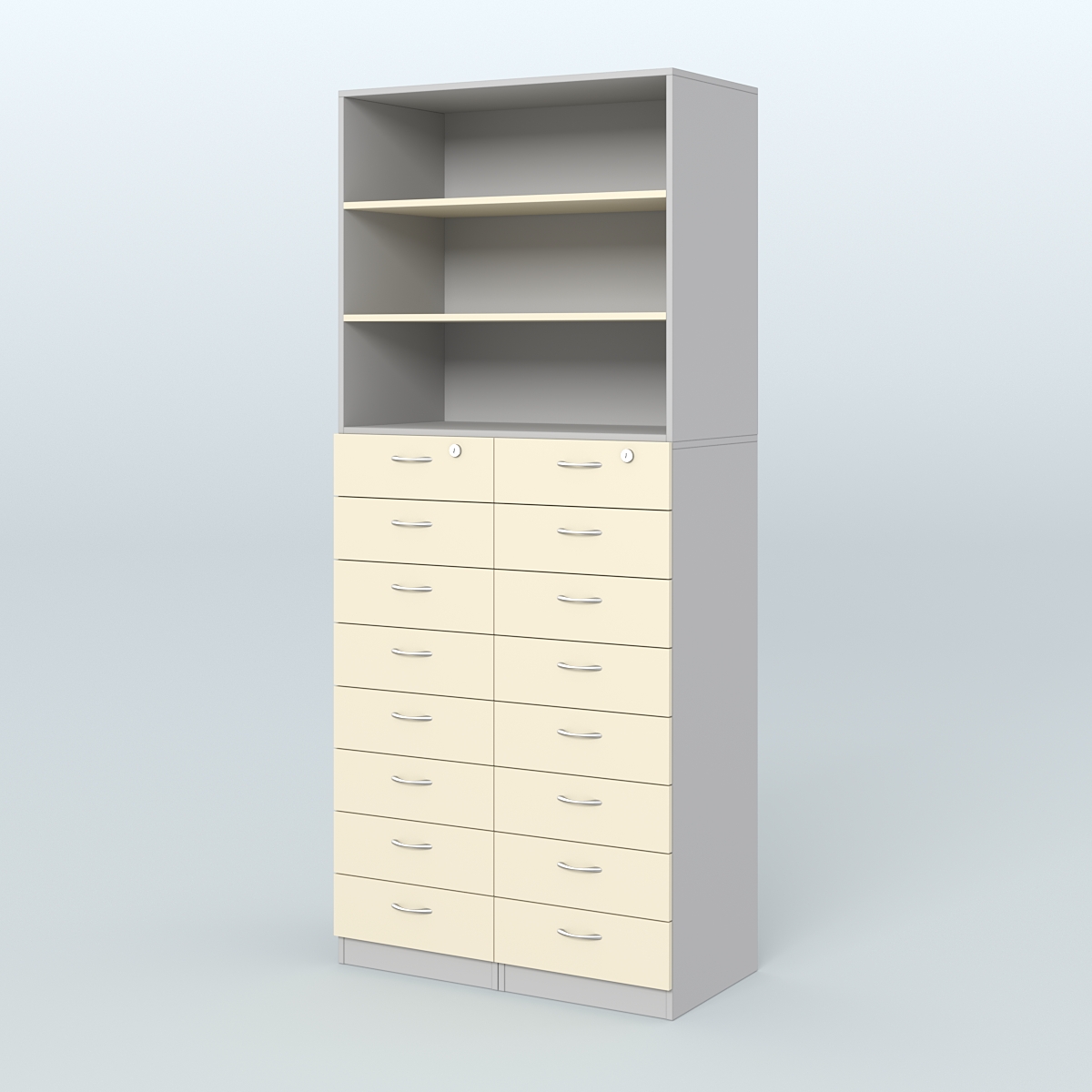 Шкаф для аптек с 16-ю ящиками и двумя полками ДСП №7-Д Серый + Крем Вайс